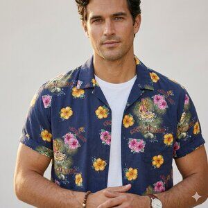 VTG Bahama Cruise Hawaiian Shirt XL Mens Navy Pinup Girl Martini Glass Cocktail